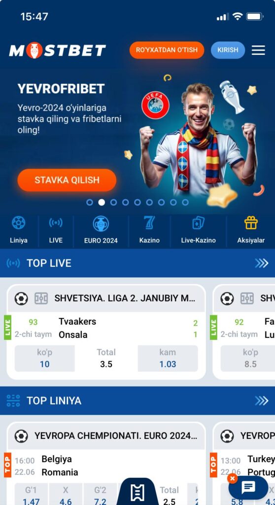 Mostbet mobil ilovasi dizayni